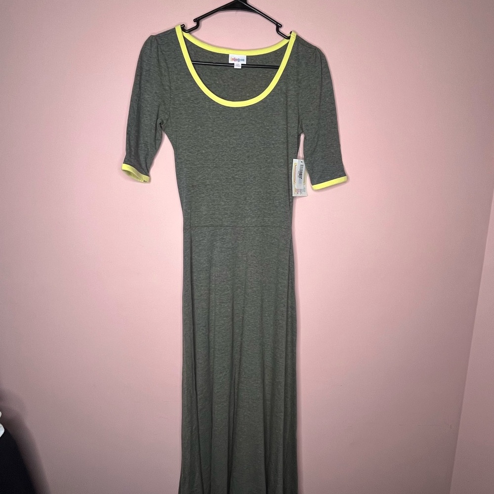 NWT LuLaRoe Ana Gray Maxi Dress with Yellow Trim